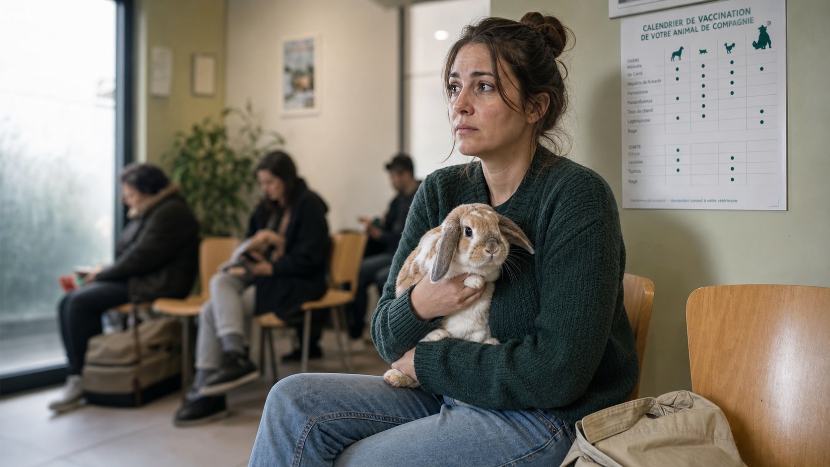 Vétérinaire examinant un lapin blanc sur une table d'auscultation dans un cabinet vétérinaire français