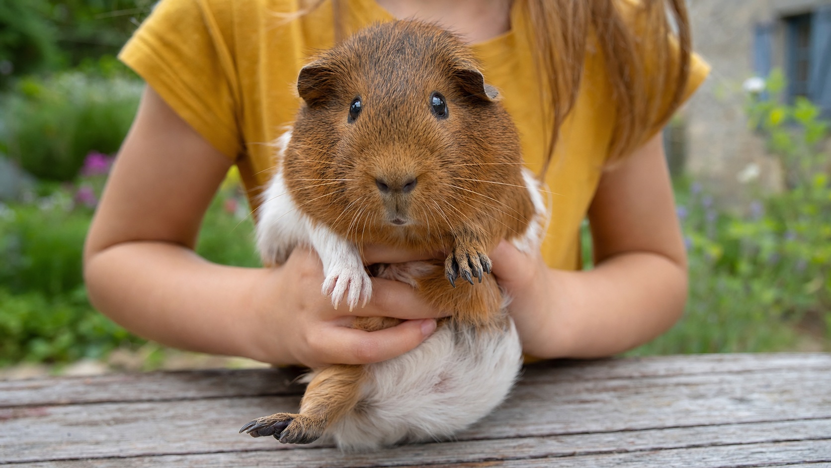 Cochon d'Inde roux et blanc dans les mains d'un enfant, jardin en arrière-plan, lumière naturelle douce