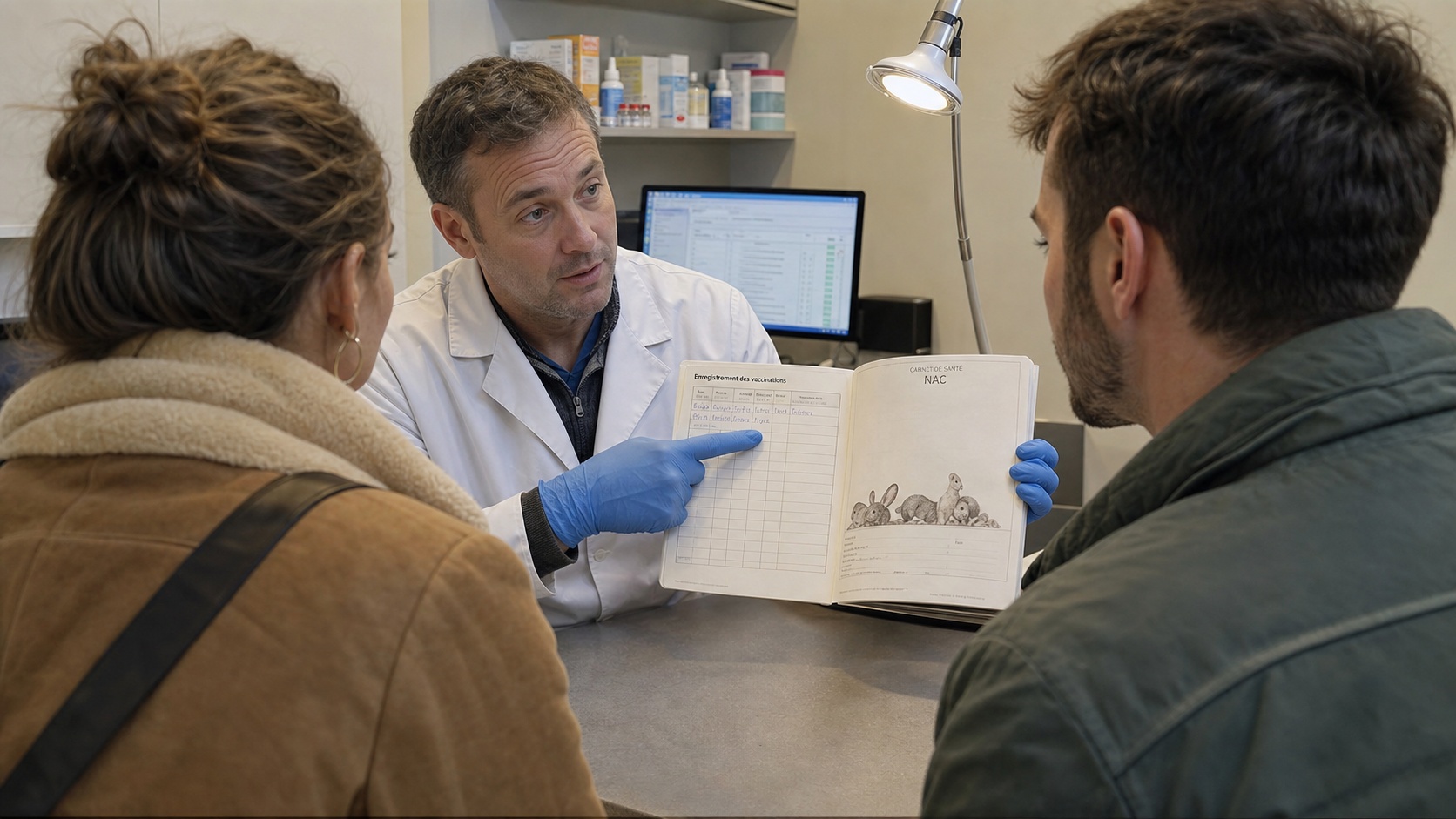 Vétérinaire tenant un carnet de santé NAC et expliquant le calendrier vaccinal à un couple de propriétaires dans un cabinet vétérinaire, lumière chaude de bureau