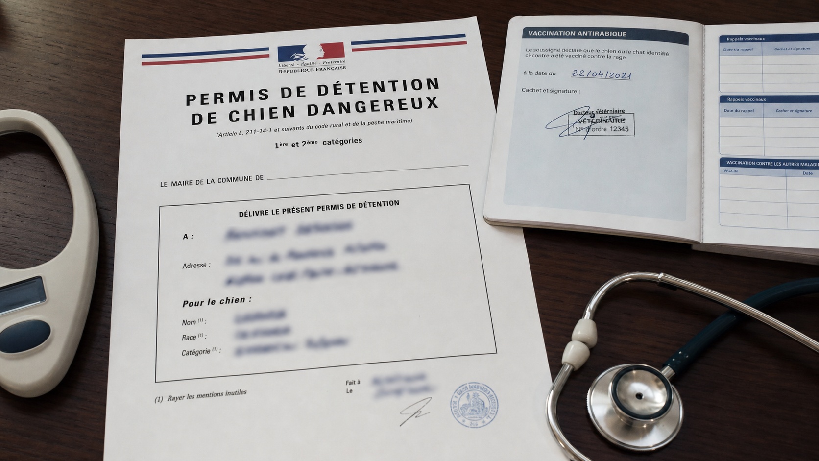 Gros plan sur un document officiel de permis de détention de chien dangereux posé sur un bureau