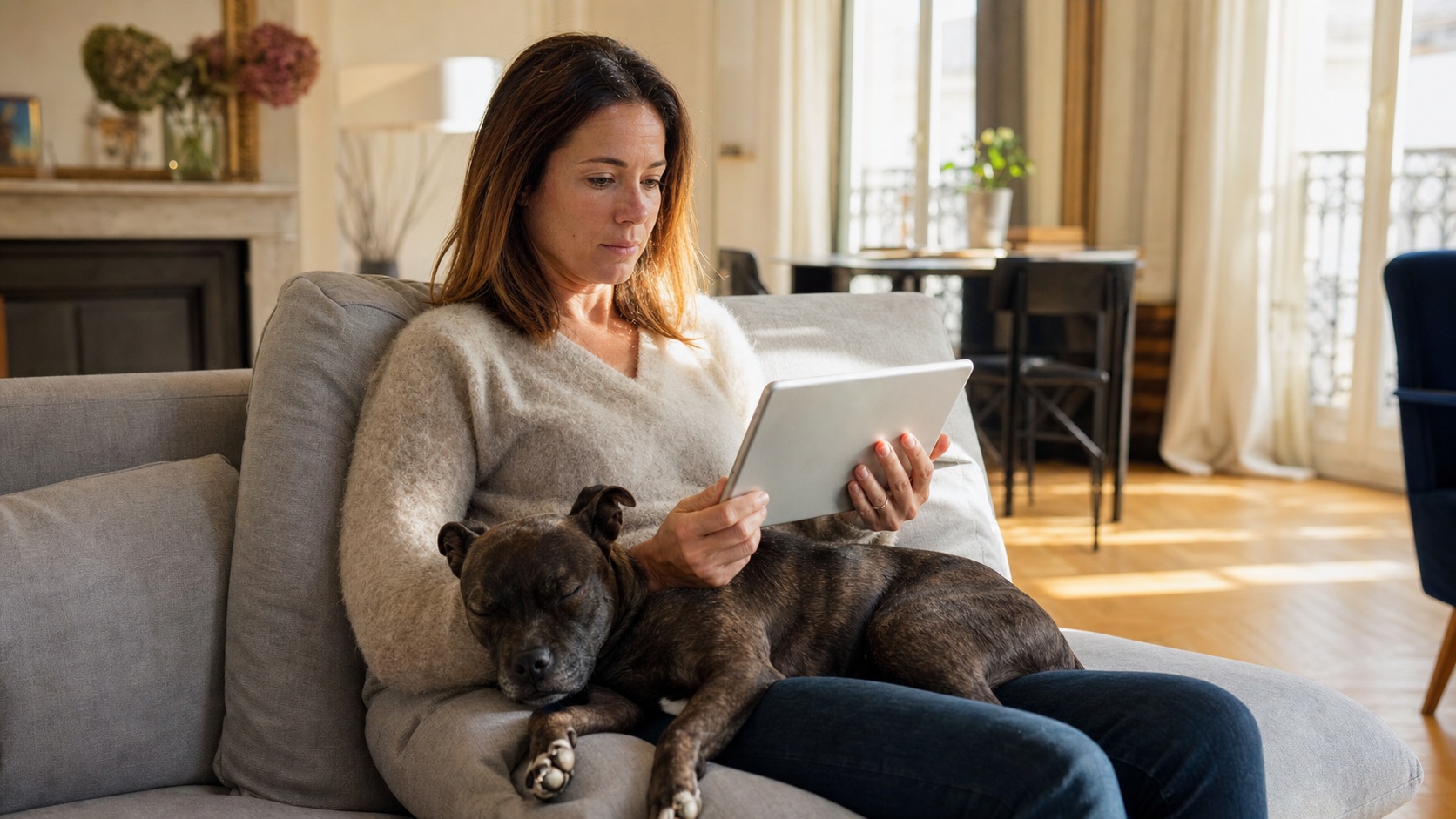 Femme sur un canapé avec un chien de type staffordshire, tablette en main pour comparer des devis d'assurance animaux