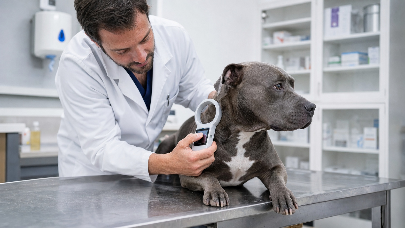 Vétérinaire en cabinet contrôlant le tatouage d'identification d'un chien de type staffordshire