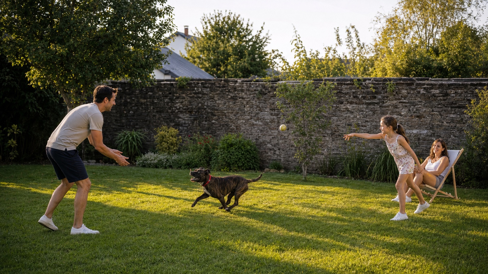 Famille sereine dans un jardin avec un chien de type staffordshire jouant avec un enfant, ambiance détendue et sécurisée