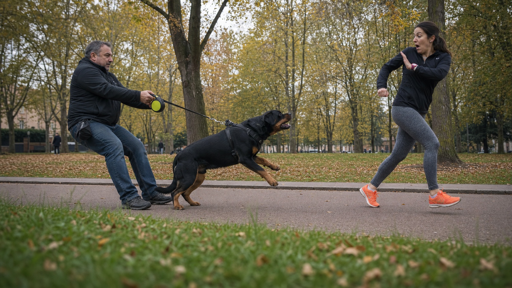 Propriétaire avec un Rottweiler en laisse dans un parc urbain parisien, illustration du risque de morsure