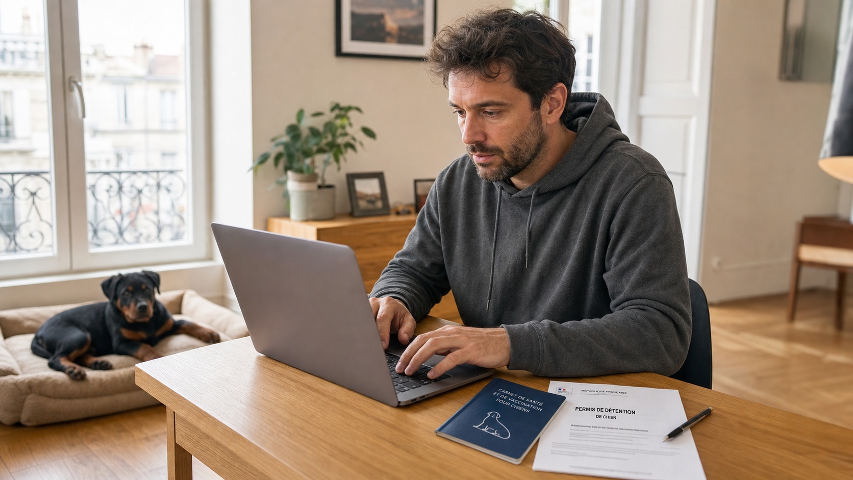 Propriétaire consultant un formulaire de souscription assurance sur smartphone, bureau d'un courtier en assurance animaux