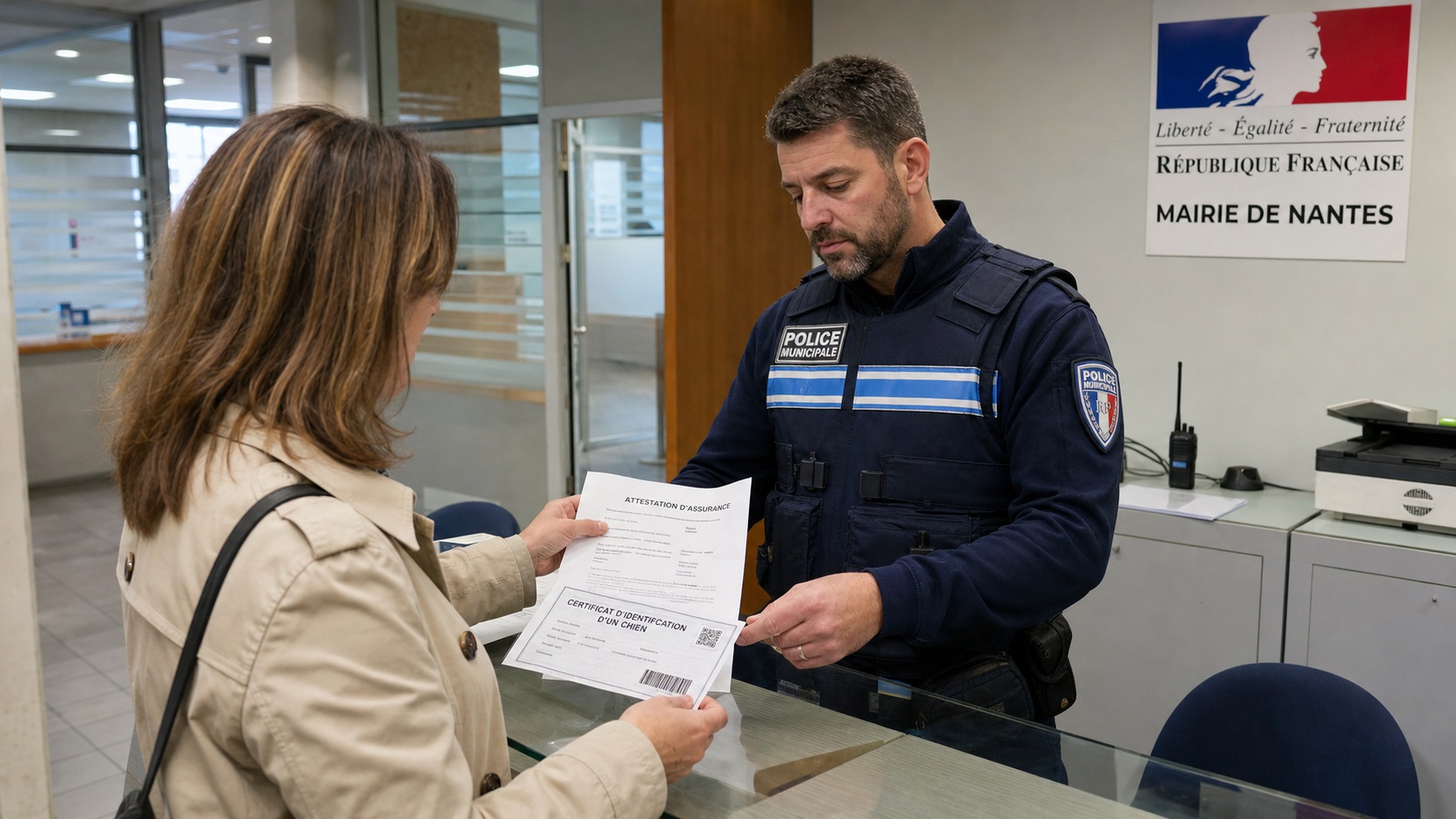 Agent municipal vérifiant le permis de détention et l'attestation d'assurance d'un propriétaire de chien de catégorie 2 à Bordeaux
