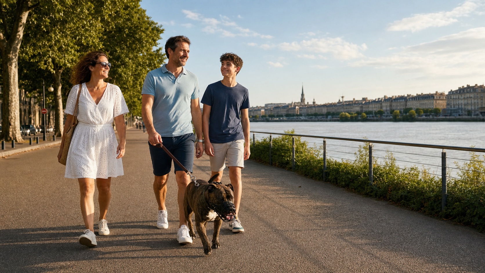 Famille sereine se promenant avec un American Staffordshire Terrier tenu en laisse sur les quais de la Garonne à Bordeaux, en été