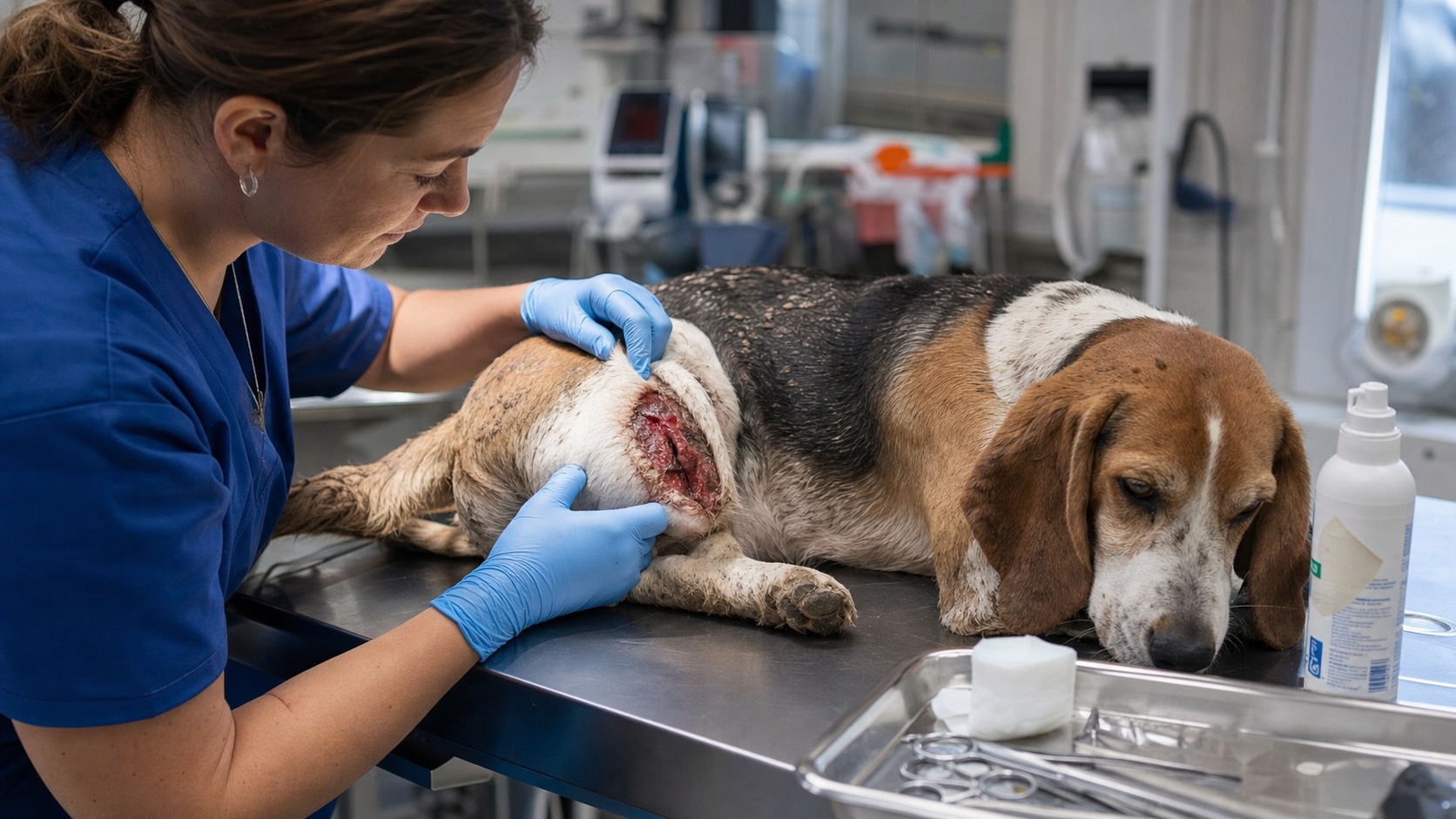 Chien de chasse blessé lors d'une battue au sanglier, soins vétérinaires en forêt