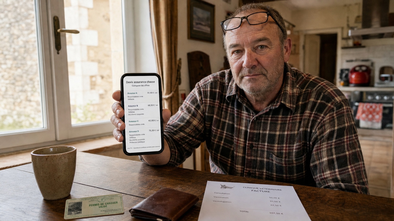 Chasseur sur smartphone comparant des offres d'assurance chien de chasse en ligne, bureau avec permis de chasser visible