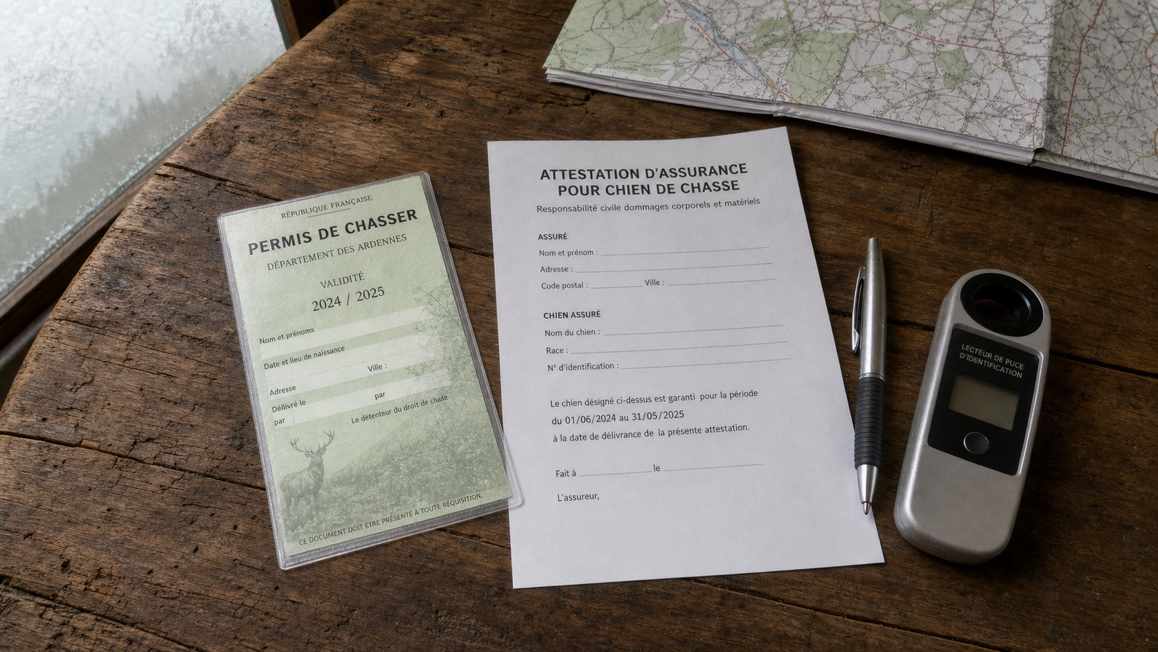 Permis de chasser et attestation d'assurance chien de chasse posés sur une table en bois rustique, plan rapproché