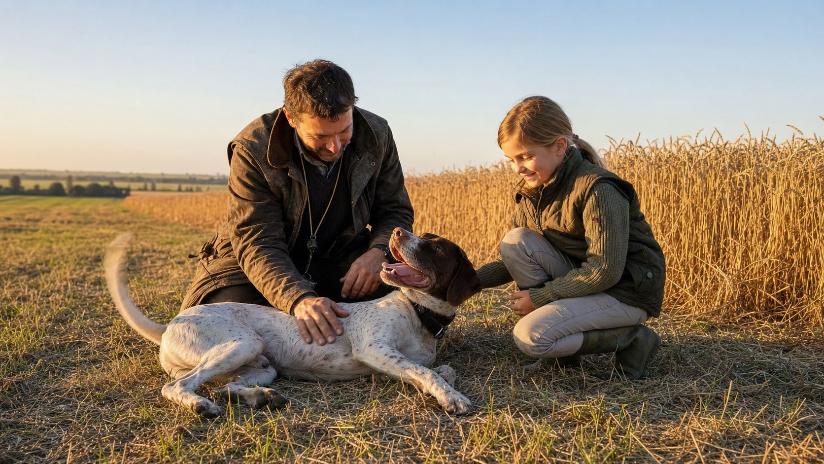 Chasseur satisfait avec son chien de chasse en bonne santé après la saison, paysage de campagne française au coucher du soleil