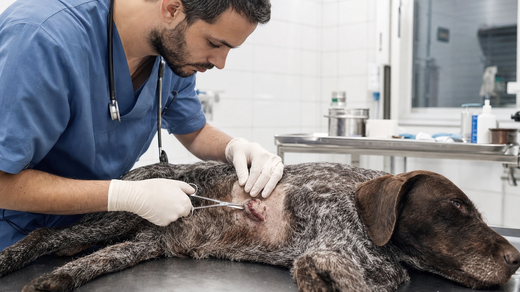Vétérinaire examinant un chien de chasse blessé sur une table de consultation