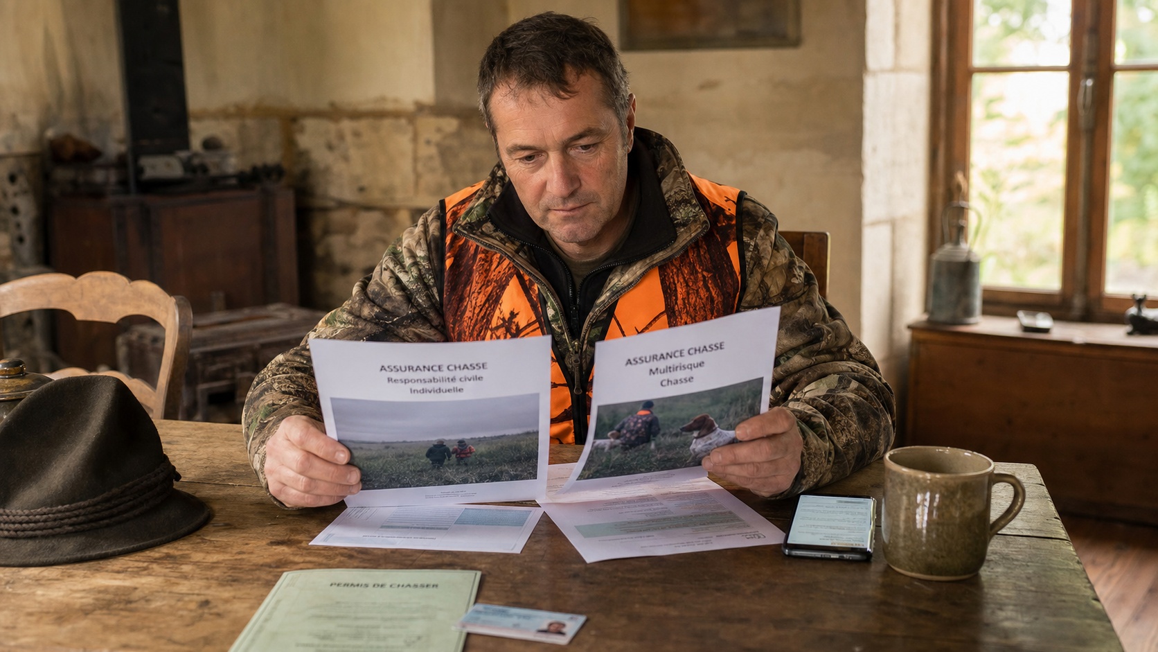 Chasseur consultant des documents d'assurance pour son chien de chasse sur un bureau en bois