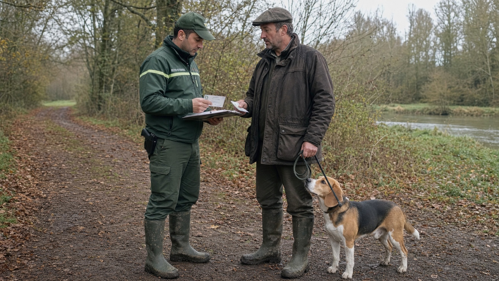 Chasseur présentant le permis de chasser et la carte d'identification de son chien lors d'un contrôle