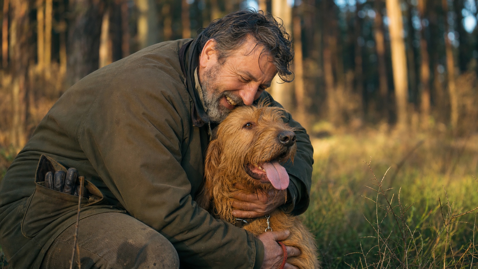Chasseur souriant avec son chien de chasse après une battue réussie dans une clairière en France