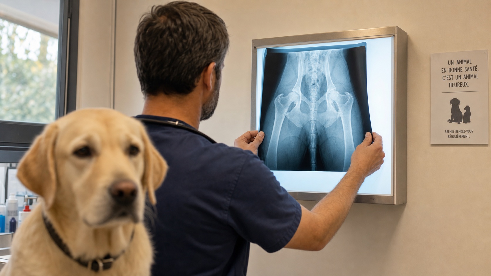 Vétérinaire examinant une radiographie de hanche de chien dans une clinique moderne