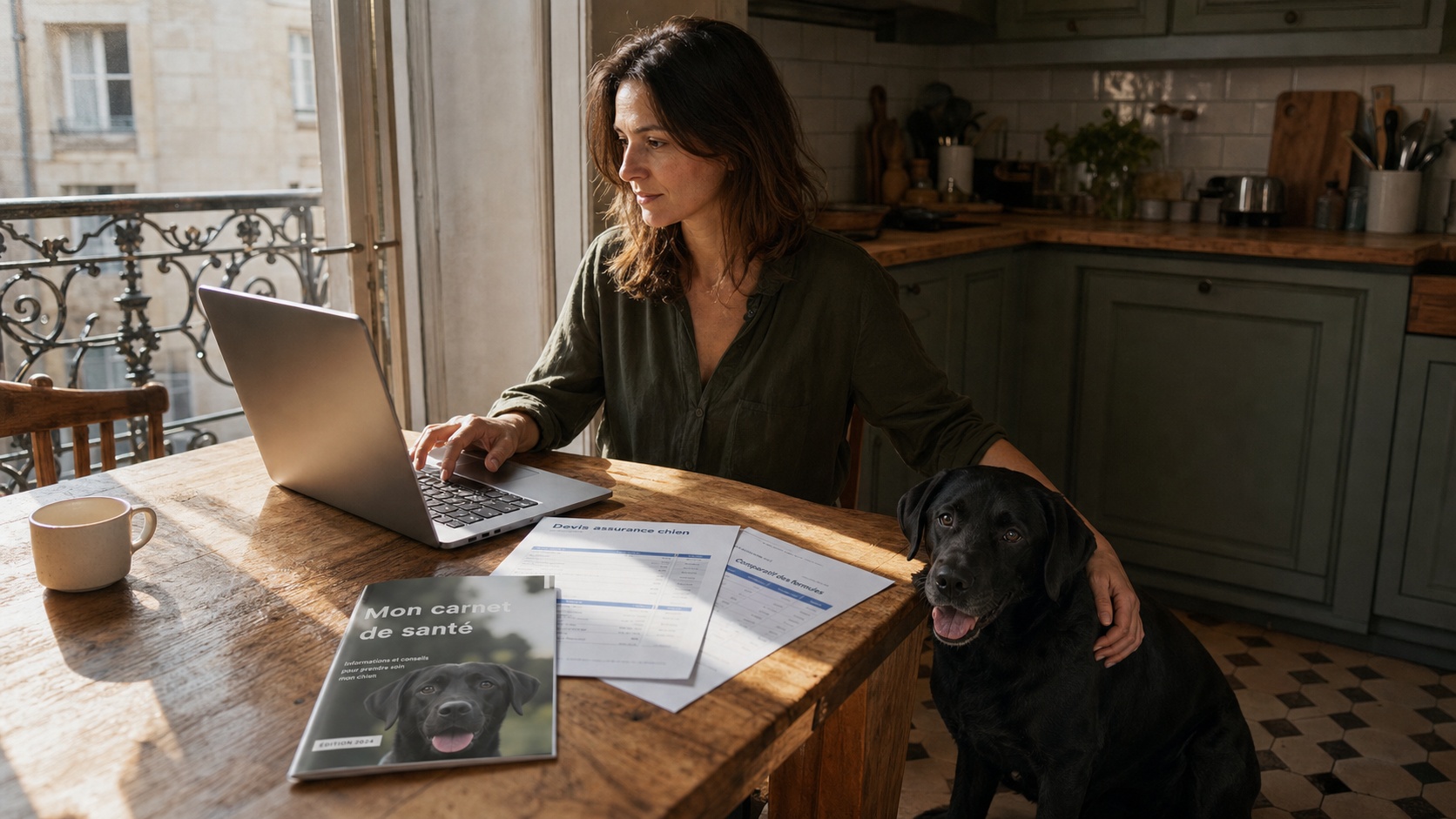 Propriétaire de chien comparant des devis assurance sur ordinateur portable à la maison