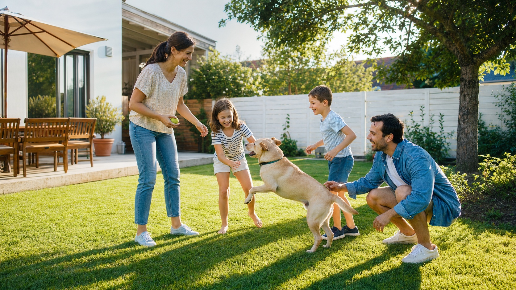 Famille heureuse avec leur chien dans un jardin, propriétaires sereins après souscription assurance