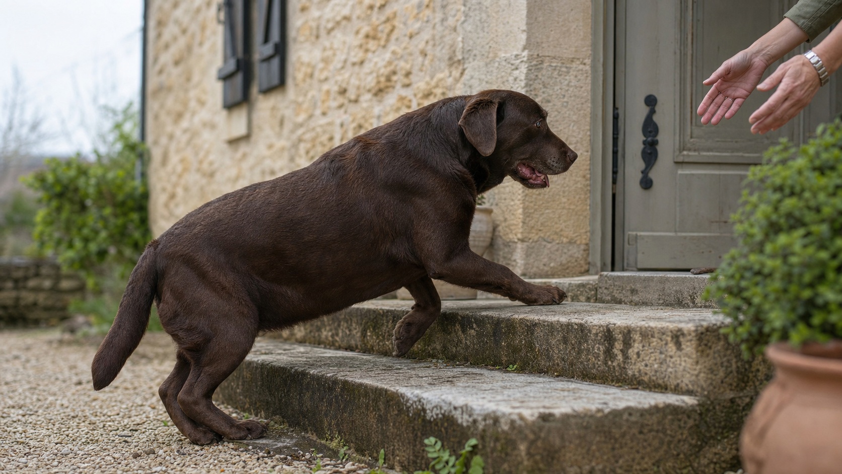 Vétérinaire examinant la hanche d'un Labrador sur table d'examen, clinique vétérinaire en France