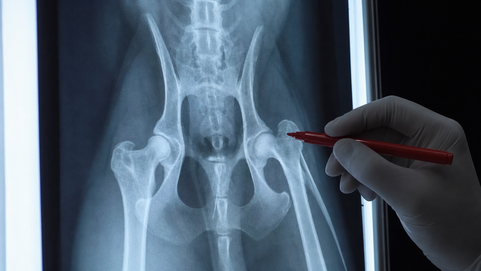Radio de la hanche d'un grand chien présentant une dysplasie, affichée sur lightbox dans une clinique vétérinaire