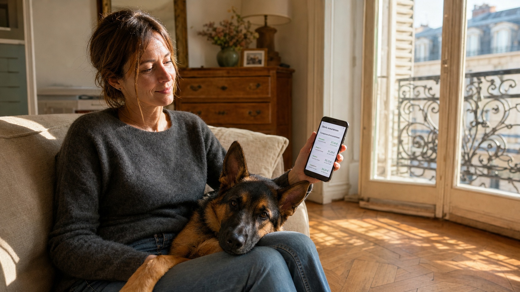 Propriétaire consultant son téléphone pour souscrire une assurance chien en ligne, Golden Retriever couché à ses pieds dans un salon