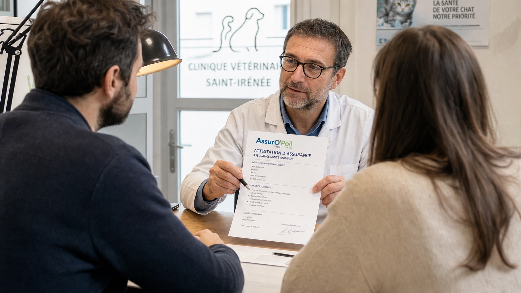 Vétérinaire présentant un document de couverture d'assurance santé chien à un propriétaire dans un cabinet, lumière chaude