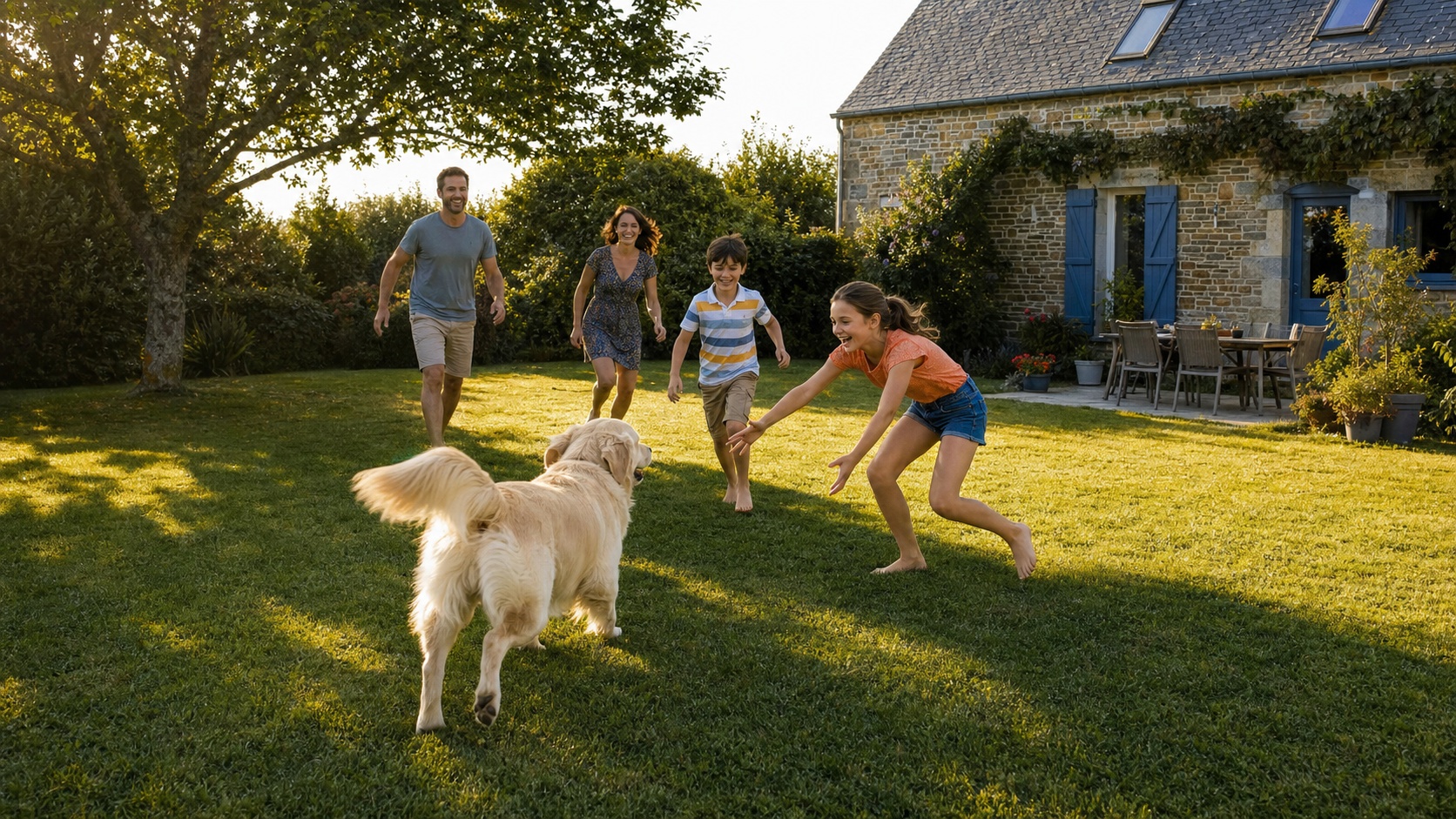 Famille heureuse avec un Labrador retriever dans un jardin en Bretagne, le chien en pleine forme après opération, lumière dorée de fin de journée