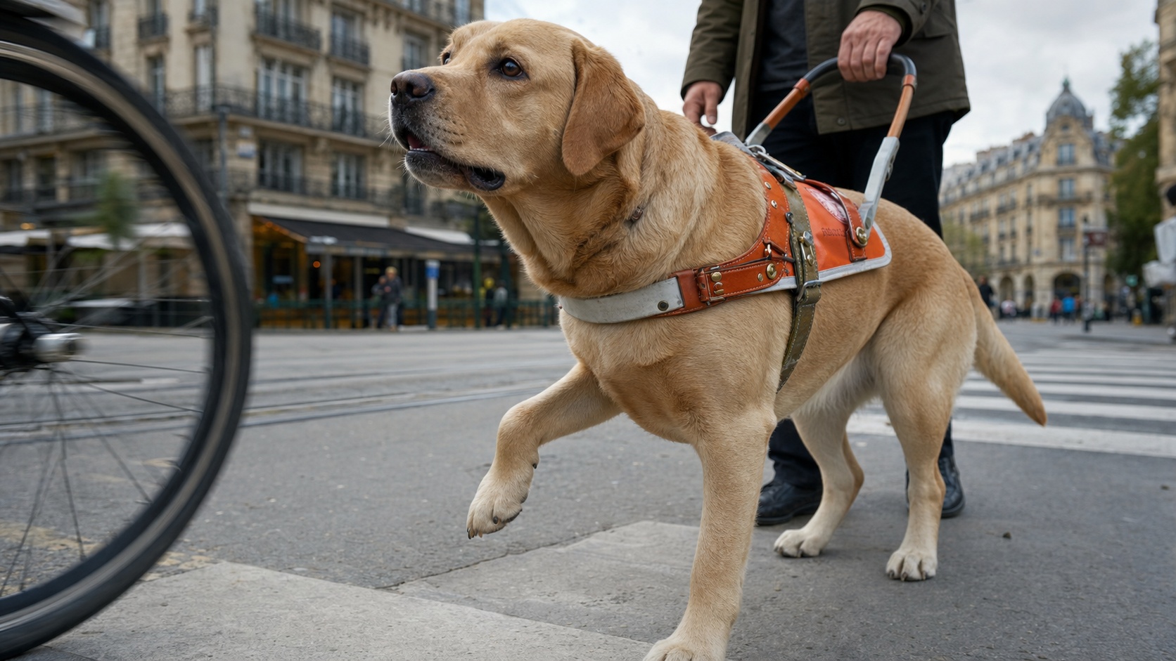 Chien guide Labrador guidant une personne malvoyante dans une rue française
