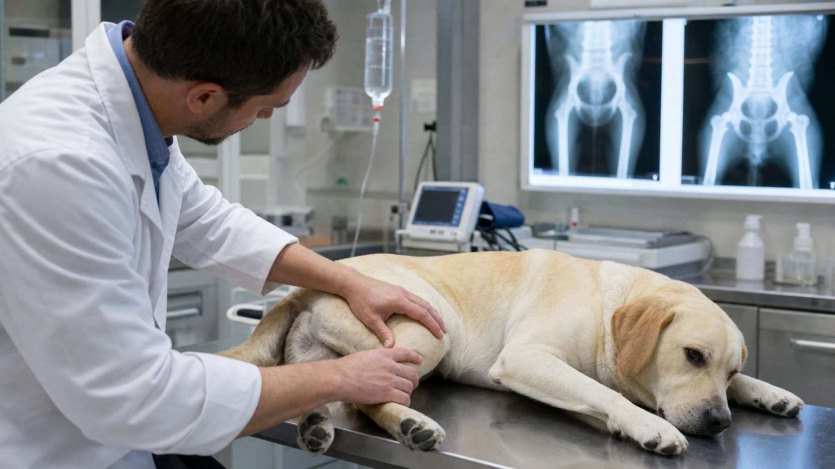 Vétérinaire examinant un Labrador guide dans une clinique vétérinaire française