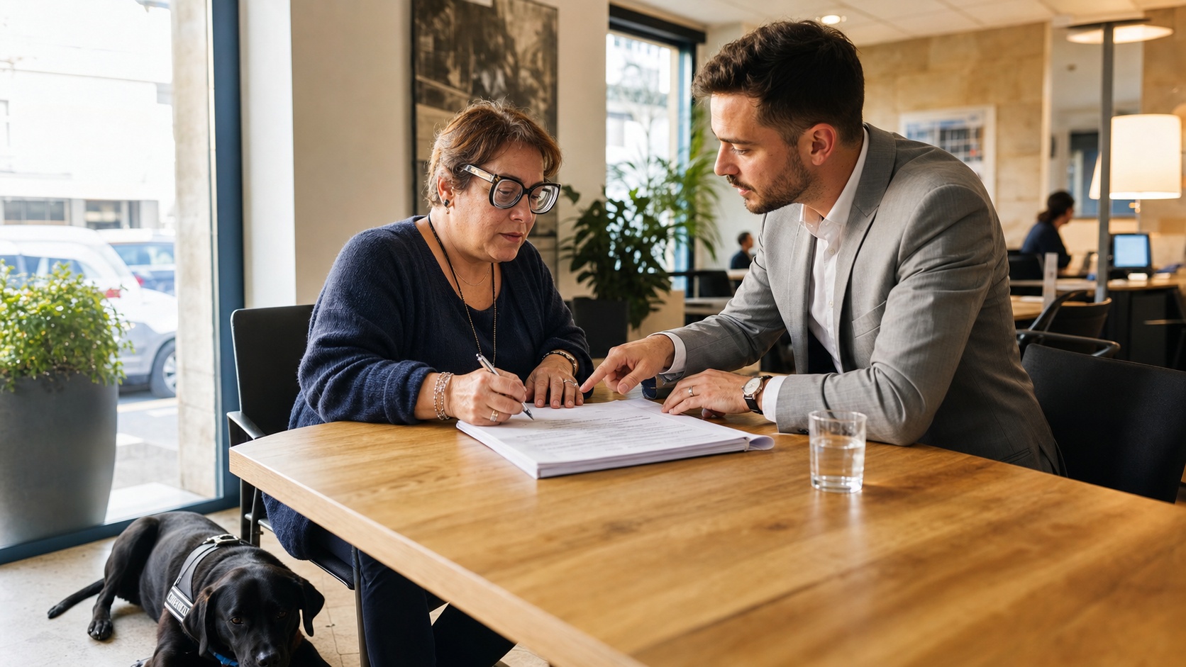 Personne malvoyante signant un contrat d'assurance avec un conseiller dans un bureau