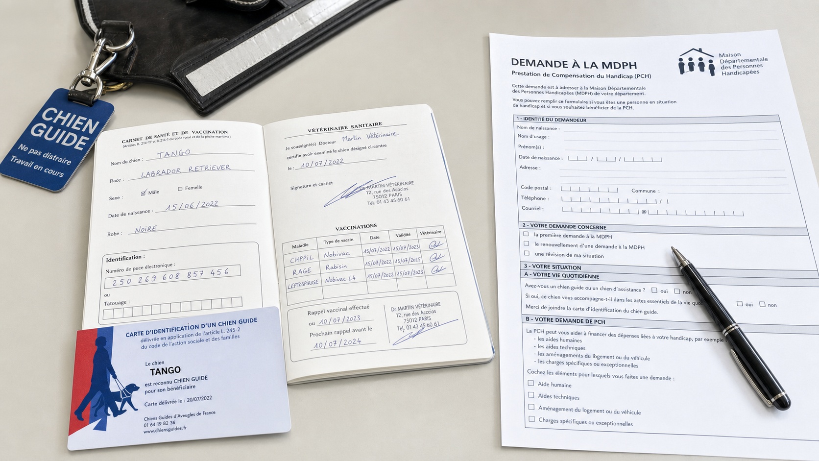 Document réglementaire et carte d'identification du chien guide sur un bureau administratif