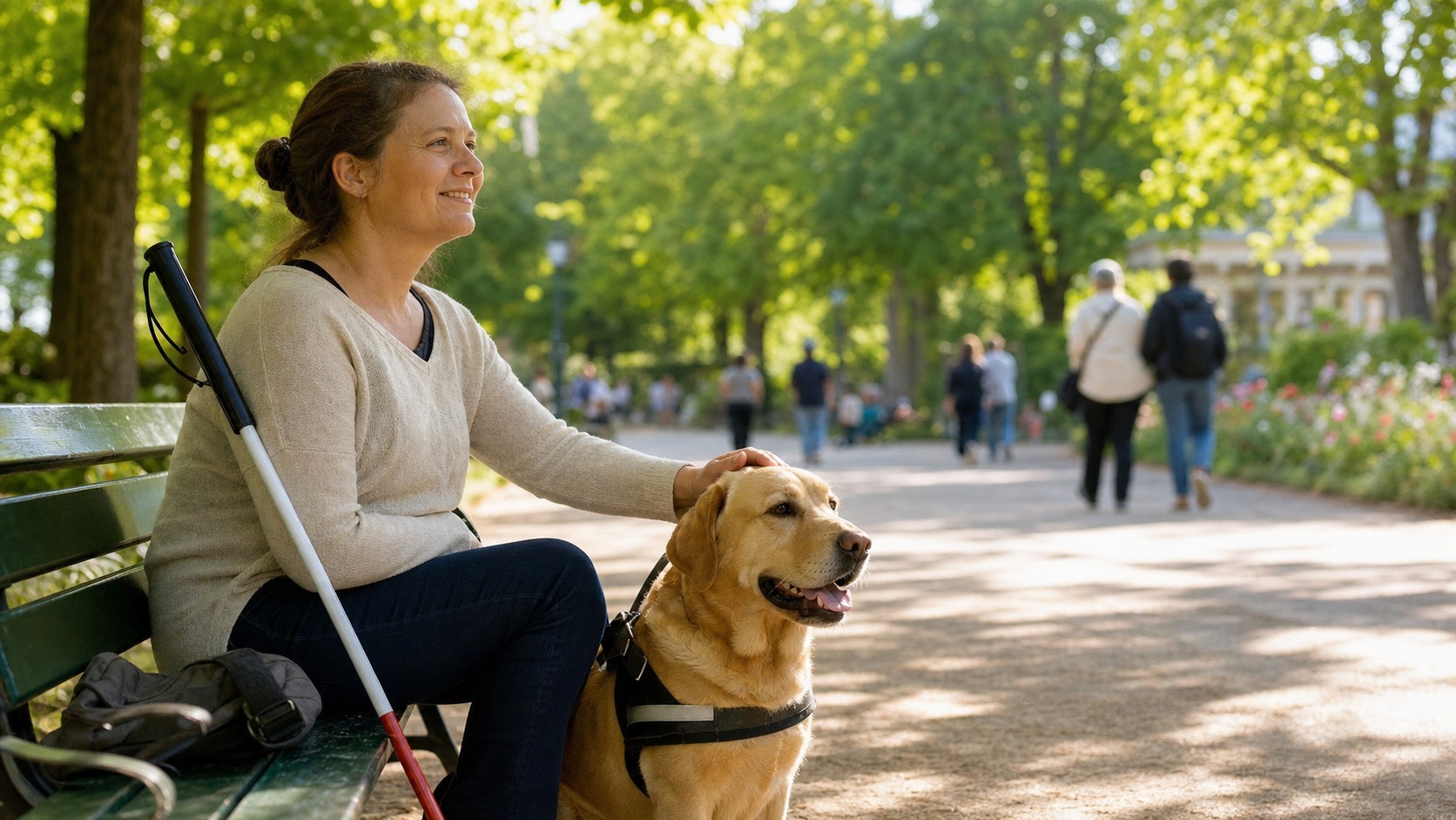 Personne déficiente visuelle souriante avec son chien guide Labrador dans un parc ensoleillé