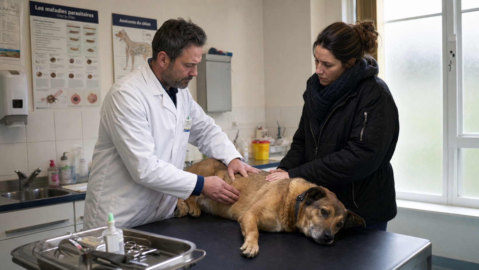 Vétérinaire examinant un chien malade sur une table de consultation