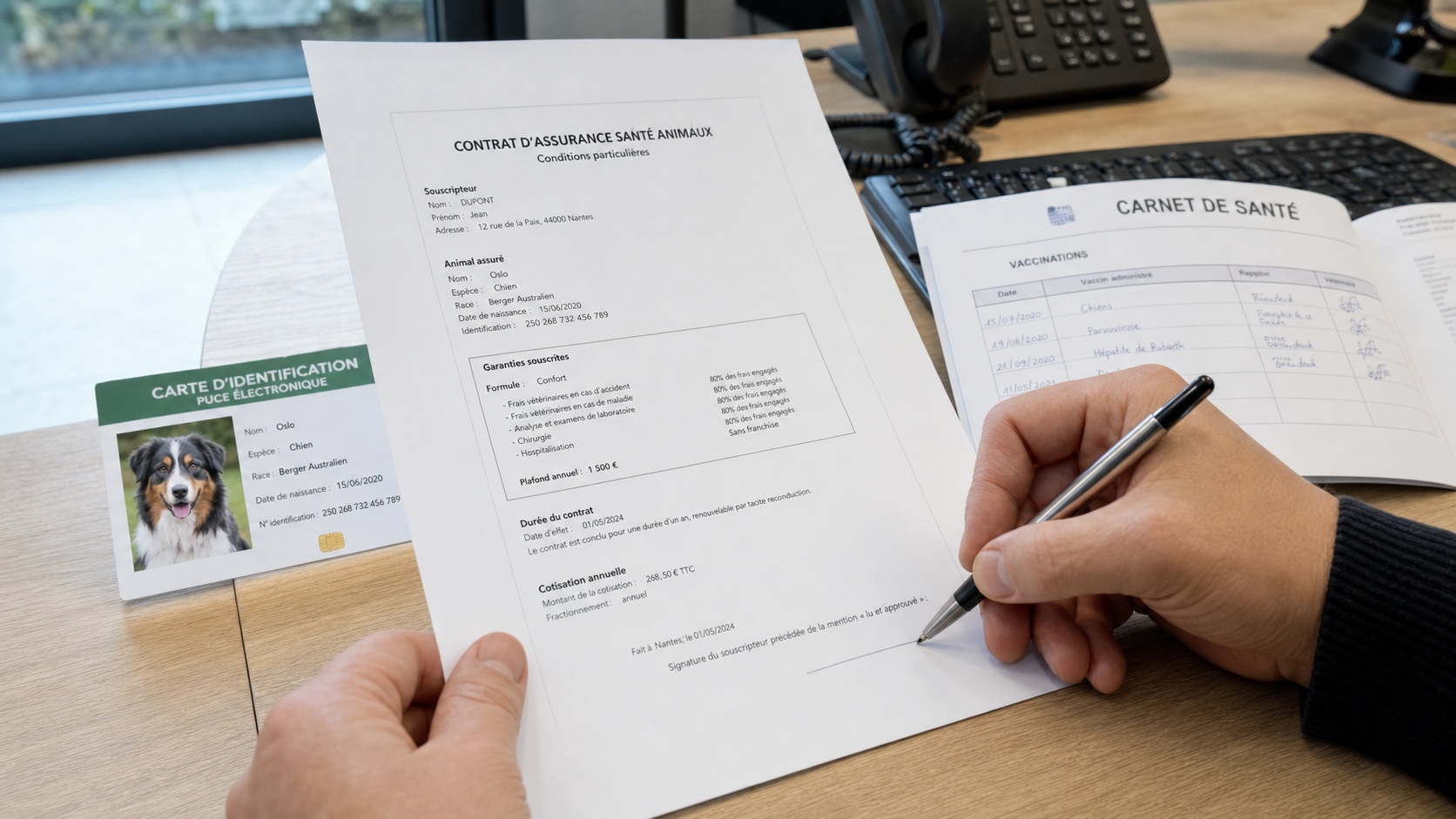 Document d'assurance chien signé sur un bureau avec un stylo et un carnet de santé vétérinaire