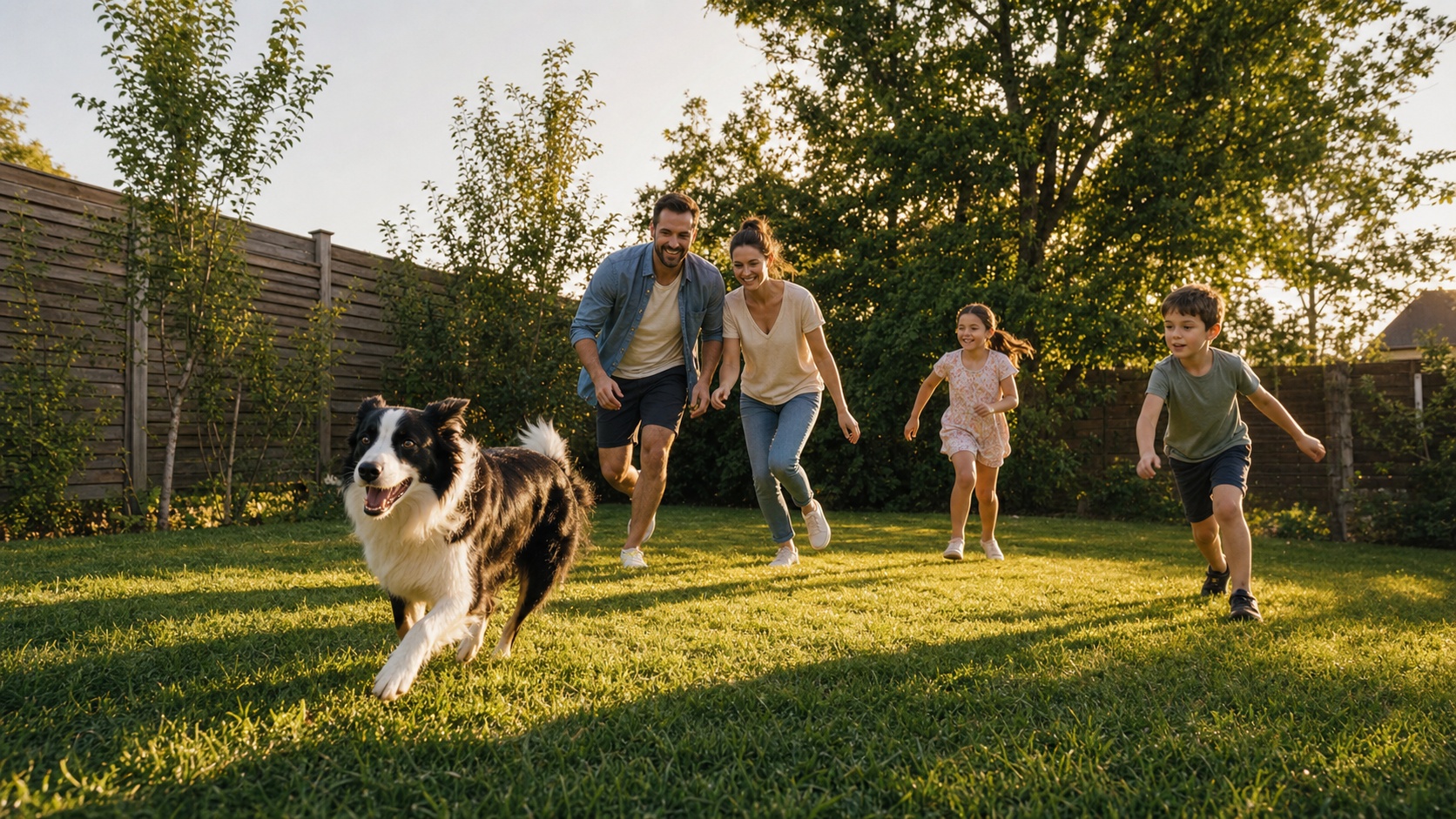 Famille heureuse jouant avec son chien en bonne santé dans un jardin ensoleillé en France
