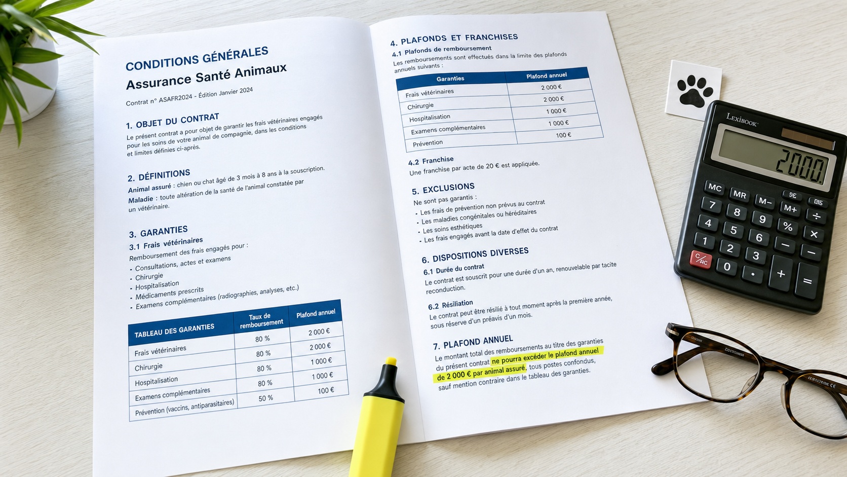 Tableau comparatif de contrats d'assurance chien sur un bureau avec documents et calculatrice