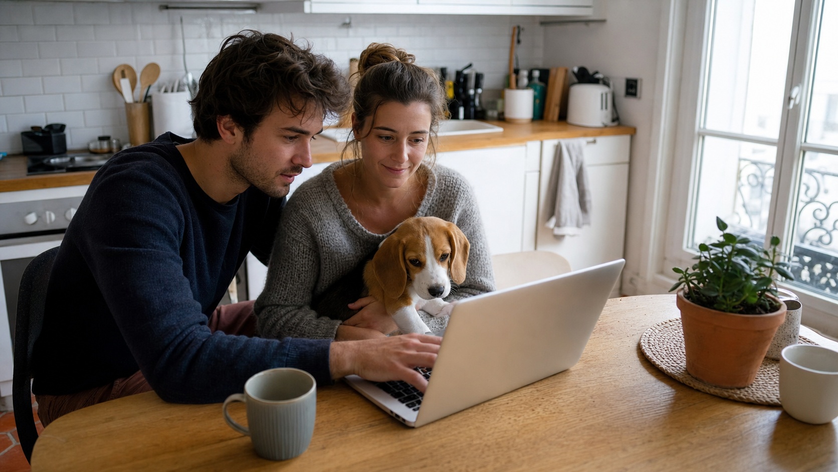 Propriétaire signant un contrat d'assurance chien en ligne sur tablette dans un salon en France
