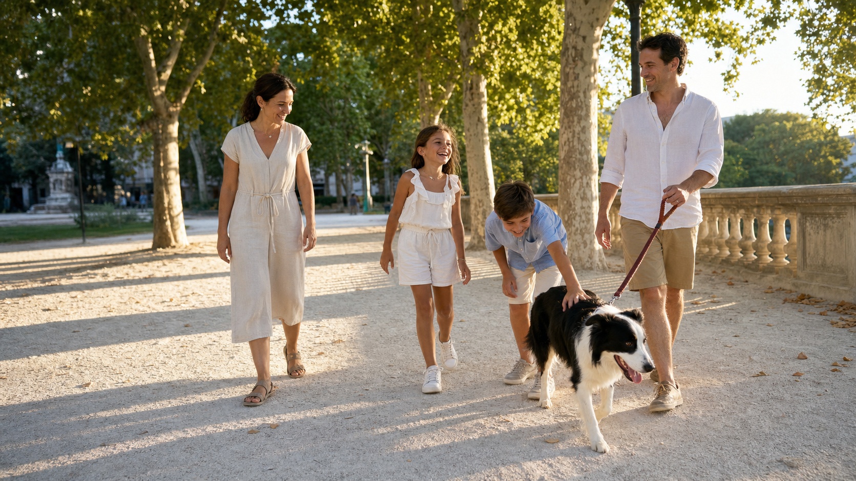 Famille souriante avec leur chien dans un parc, sérénité après souscription assurance animale