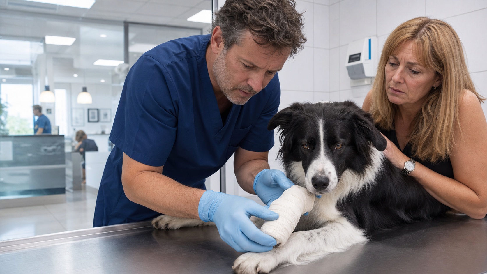 Chien blessé chez un vétérinaire en clinique, propriétaire inquiet regardant l'examen