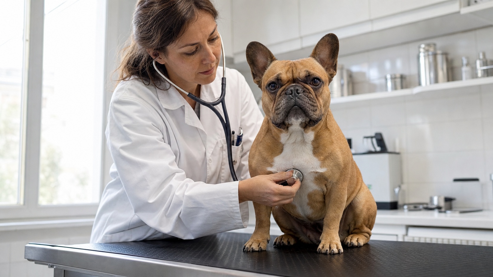 Vétérinaire examinant un bouledogue français sur une table d'examen en clinique vétérinaire moderne