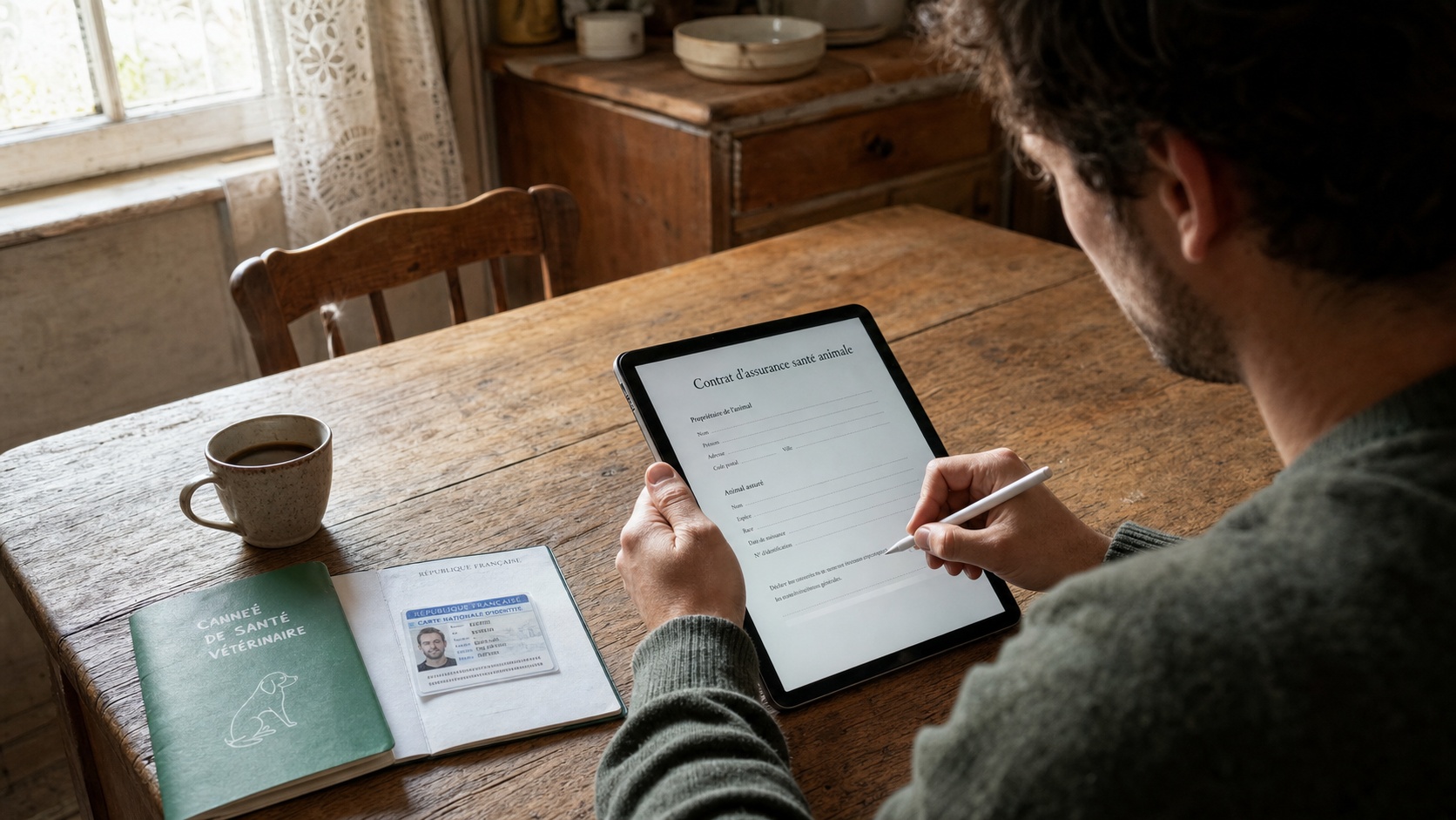 Propriétaire souscrivant une assurance chien sur son smartphone, carnet de santé vétérinaire posé sur la table