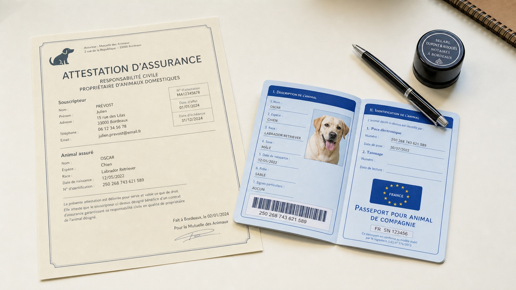 Documents réglementaires assurance chien sur un bureau avec stylo et tampon officiel