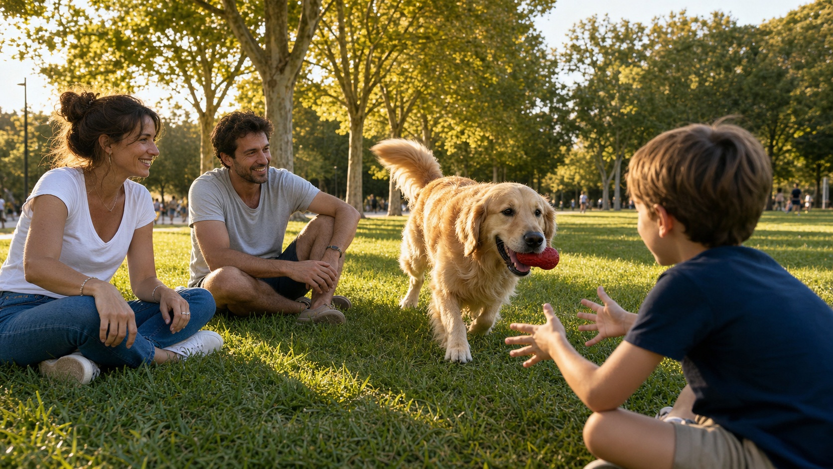 Propriétaire serein avec son chien dans un parc après souscription assurance, ambiance chaleureuse