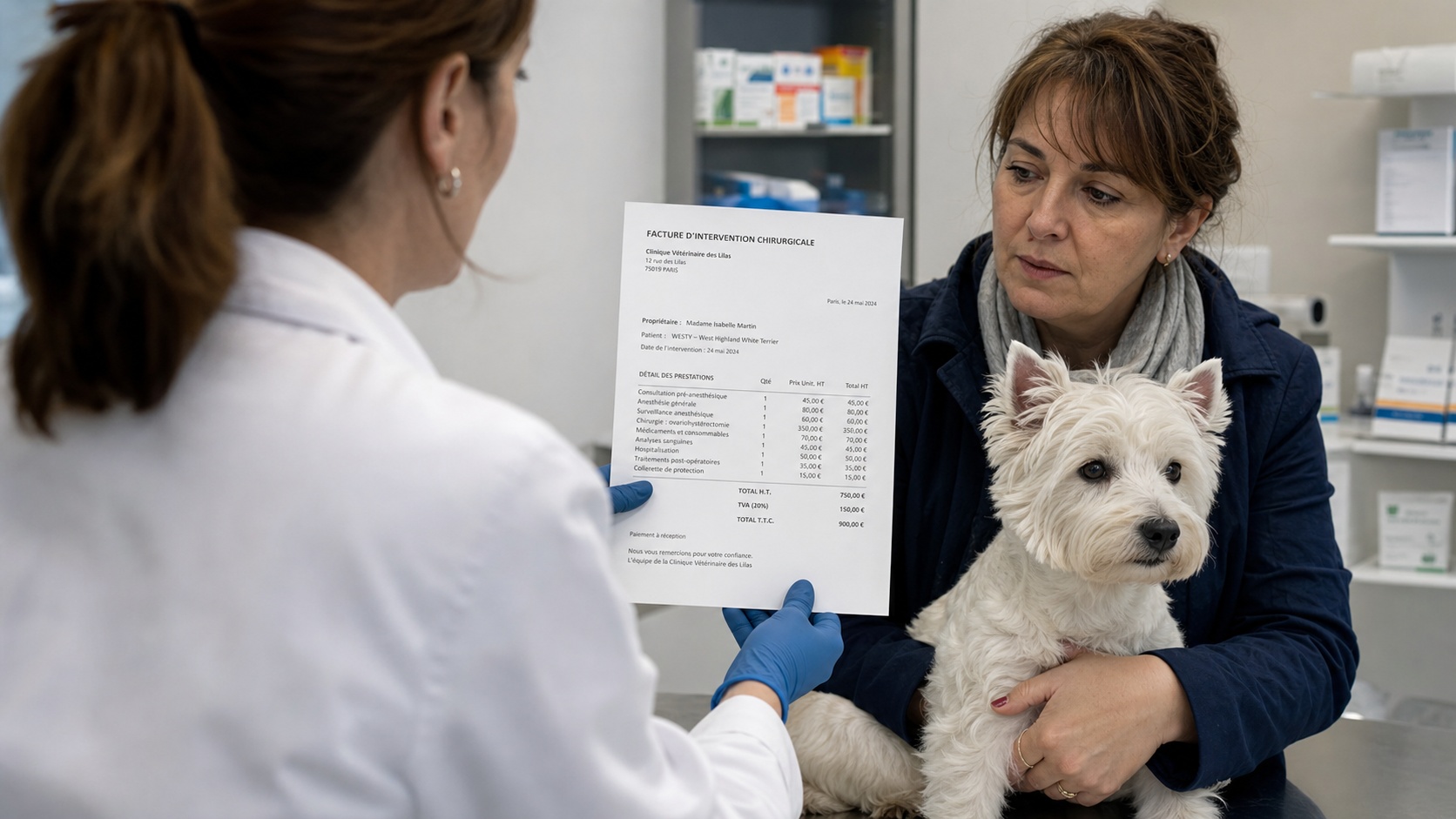 Vétérinaire expliquant le devis de stérilisation d'un chien à sa propriétaire dans un cabinet moderne