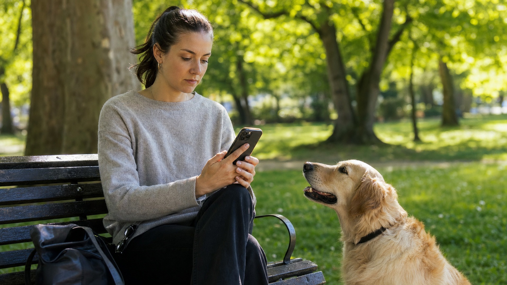 Propriétaire de chien comparant des devis d'assurance animaux sur smartphone, assis dans un parc avec son golden retriever