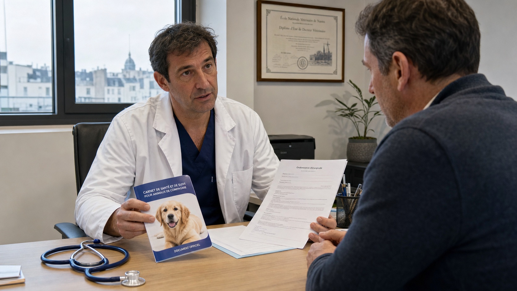 Vétérinaire présentant un document réglementaire et un carnet de santé canin à un propriétaire dans un cabinet vétérinaire de Lyon