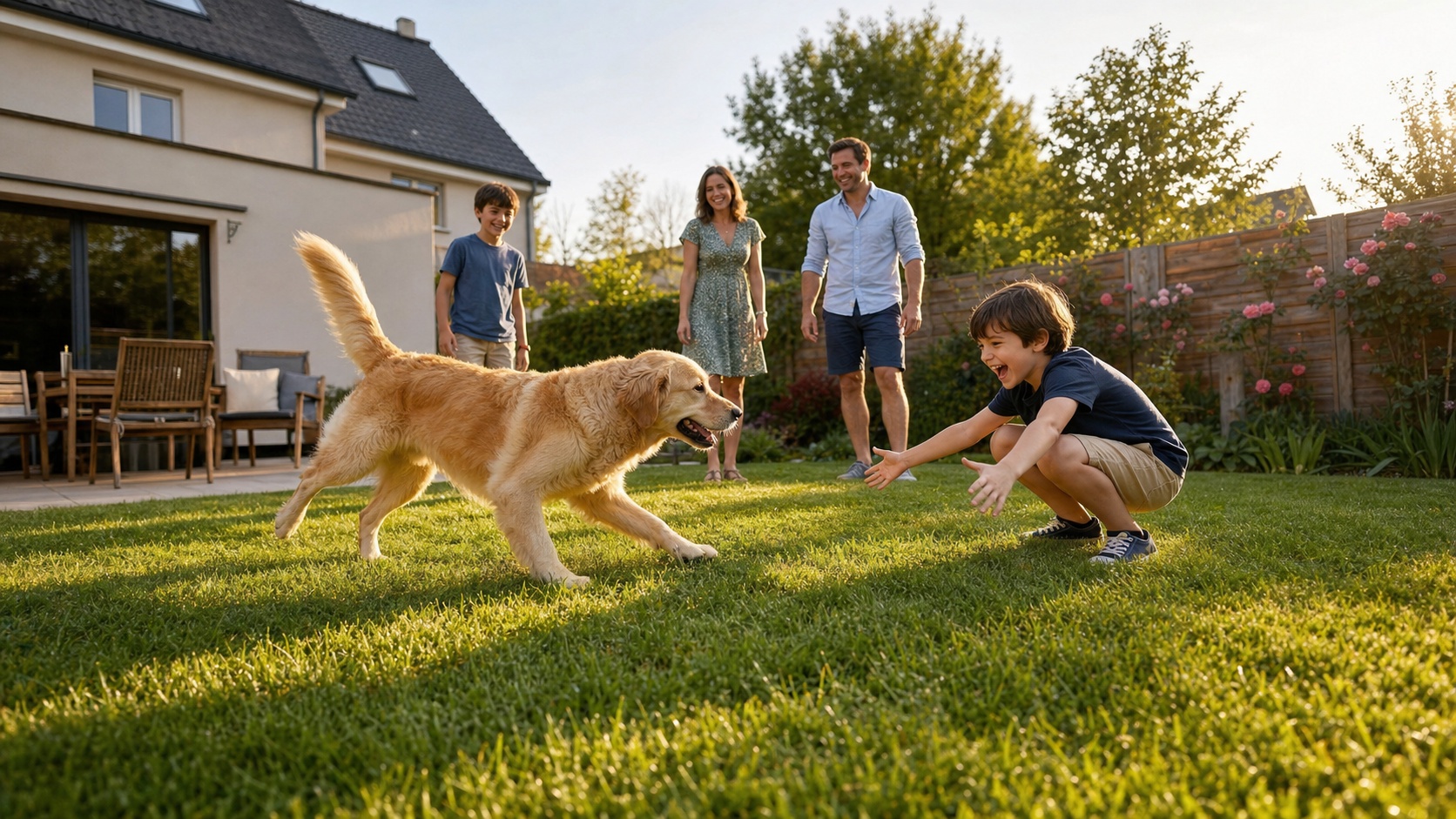 Propriétaire souriant avec son chien golden retriever en bonne santé après une stérilisation réussie, dans un jardin ensoleillé