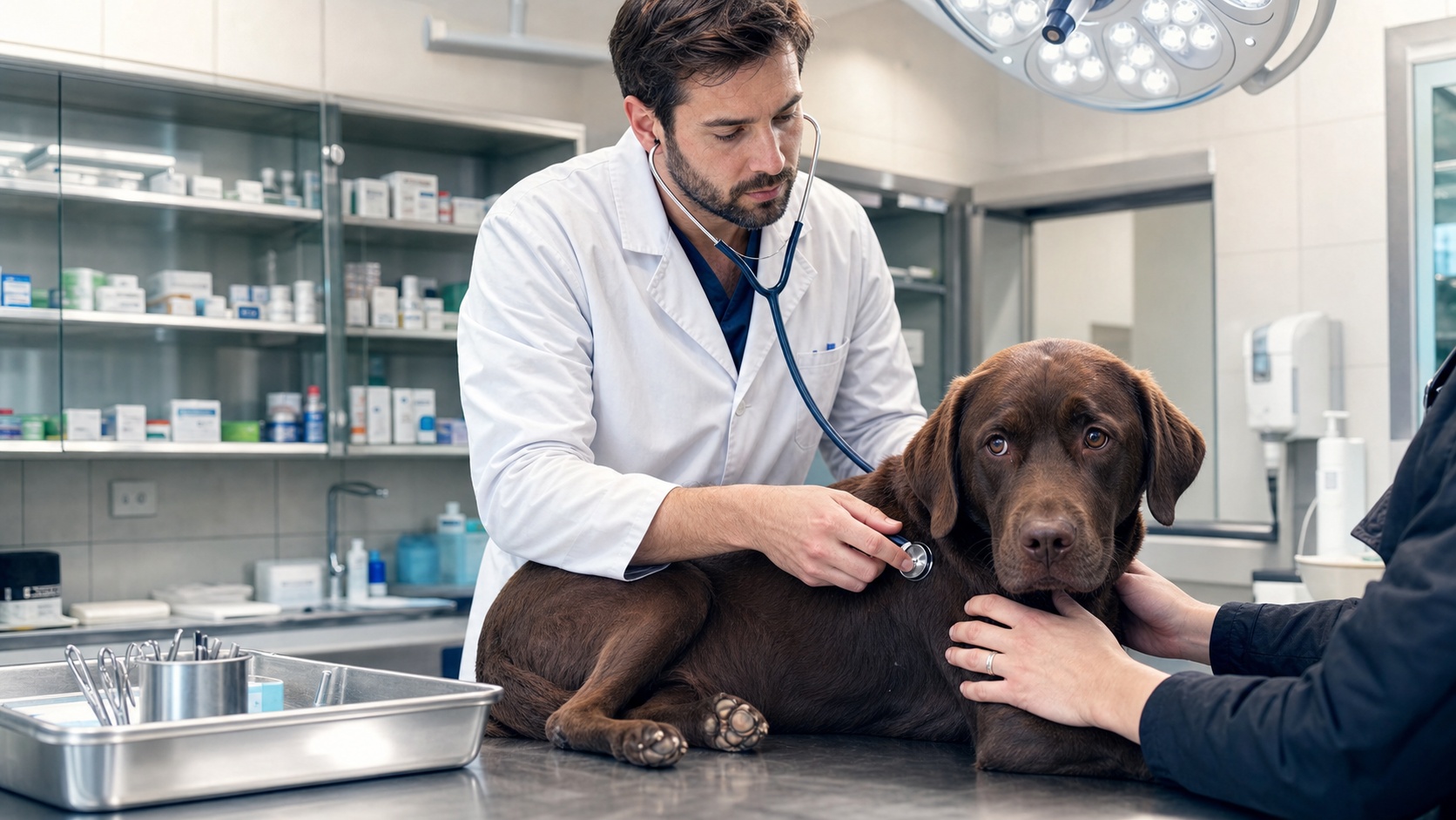 Propriétaire et son chien chez le vétérinaire, consultation avec stéthoscope et table d'examen