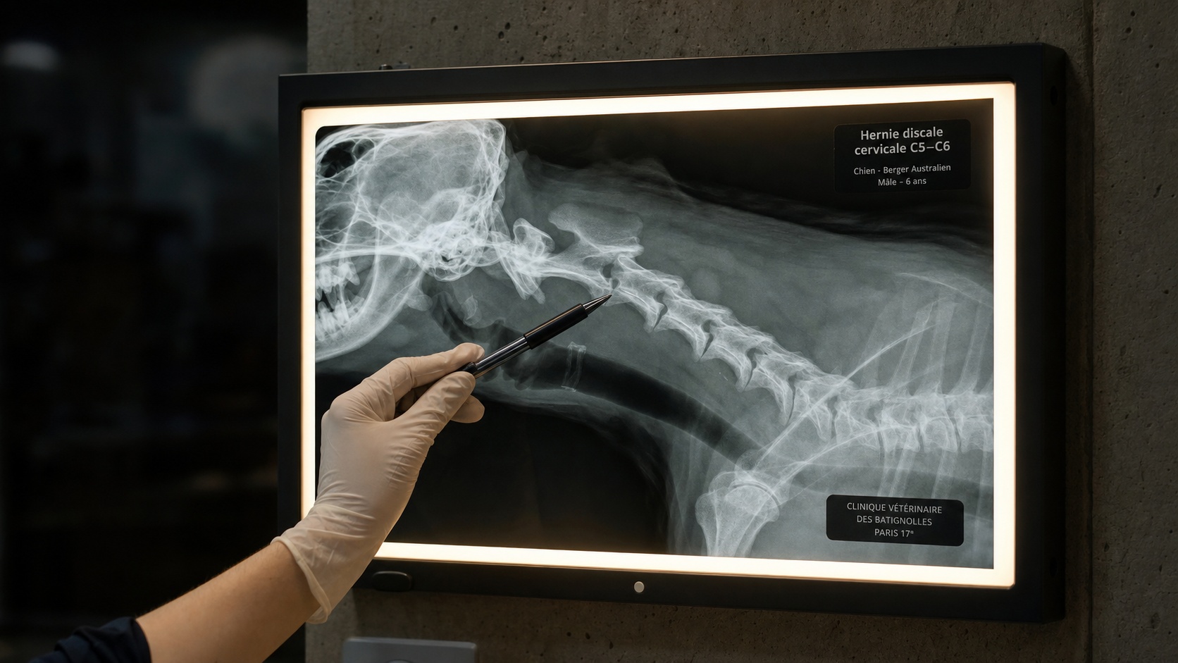 Gros plan sur une radiographie de hanche canine posée sur un négatoscope en cabinet vétérinaire