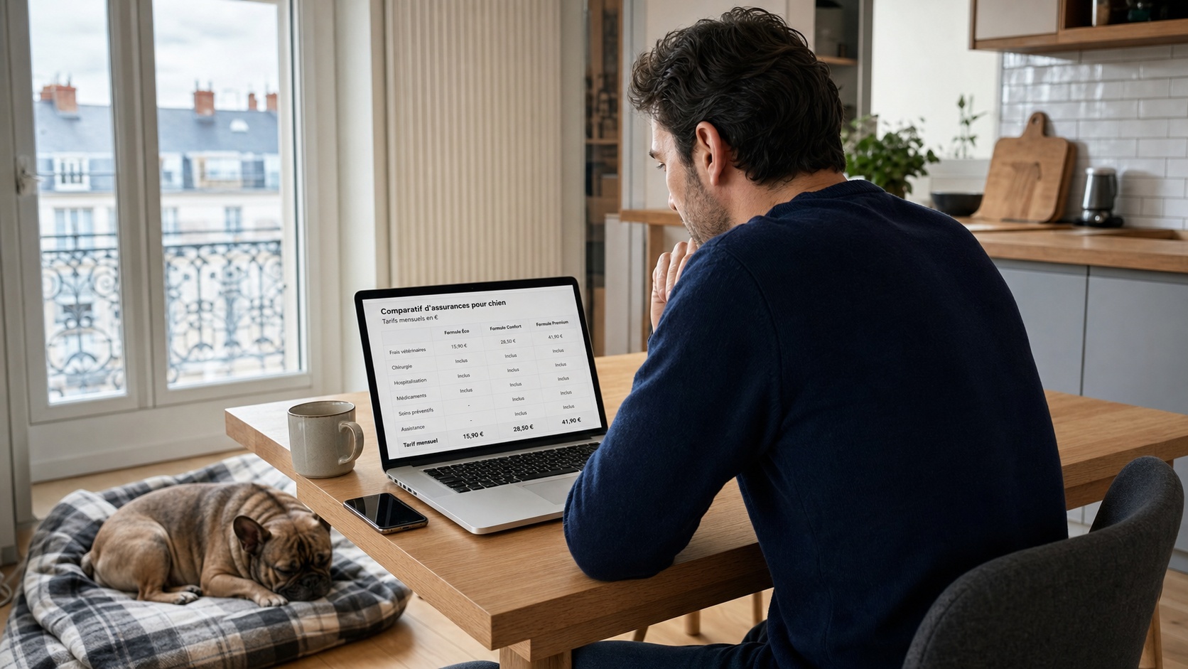 Personne consultant un devis assurance chien sur tablette dans un salon lumineux avec un Labrador allongé à ses pieds